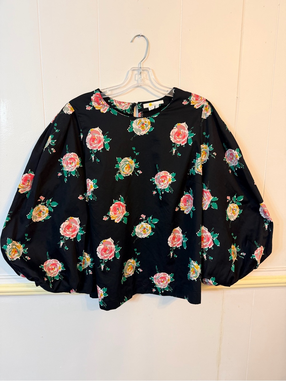 Boden Black Floral Puff-Sleeve Blouse - Pink & Yellow Roses
